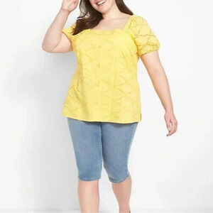 Lane Bryant Blouse Sz 24 (3X) Yellow Eyelet Classic Top Short Sleeve Cotton